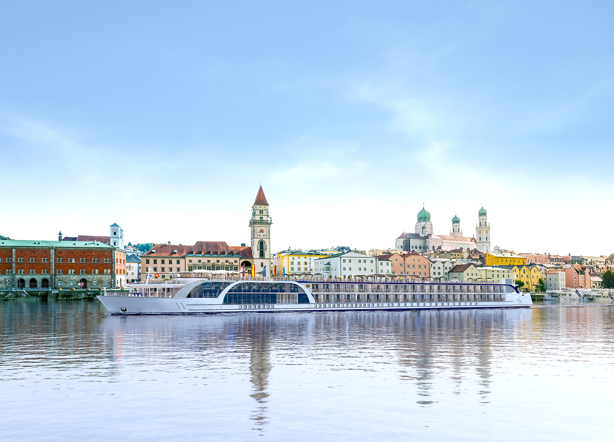 River cruise ship on the Danube sailing past Budapest at sunset