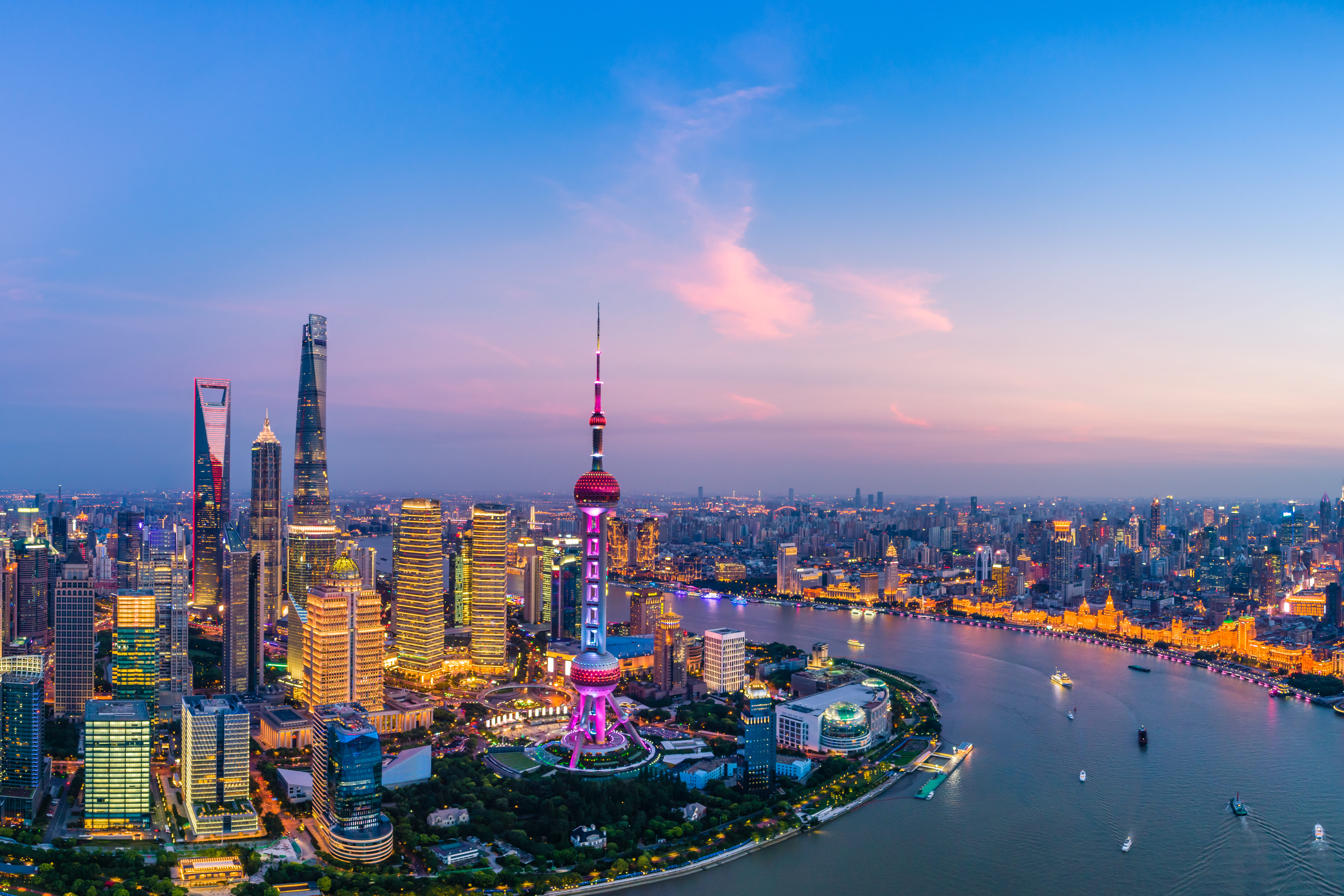 Spectacular aerial view of Shanghai's modern skyline and cityscape along the waterfront