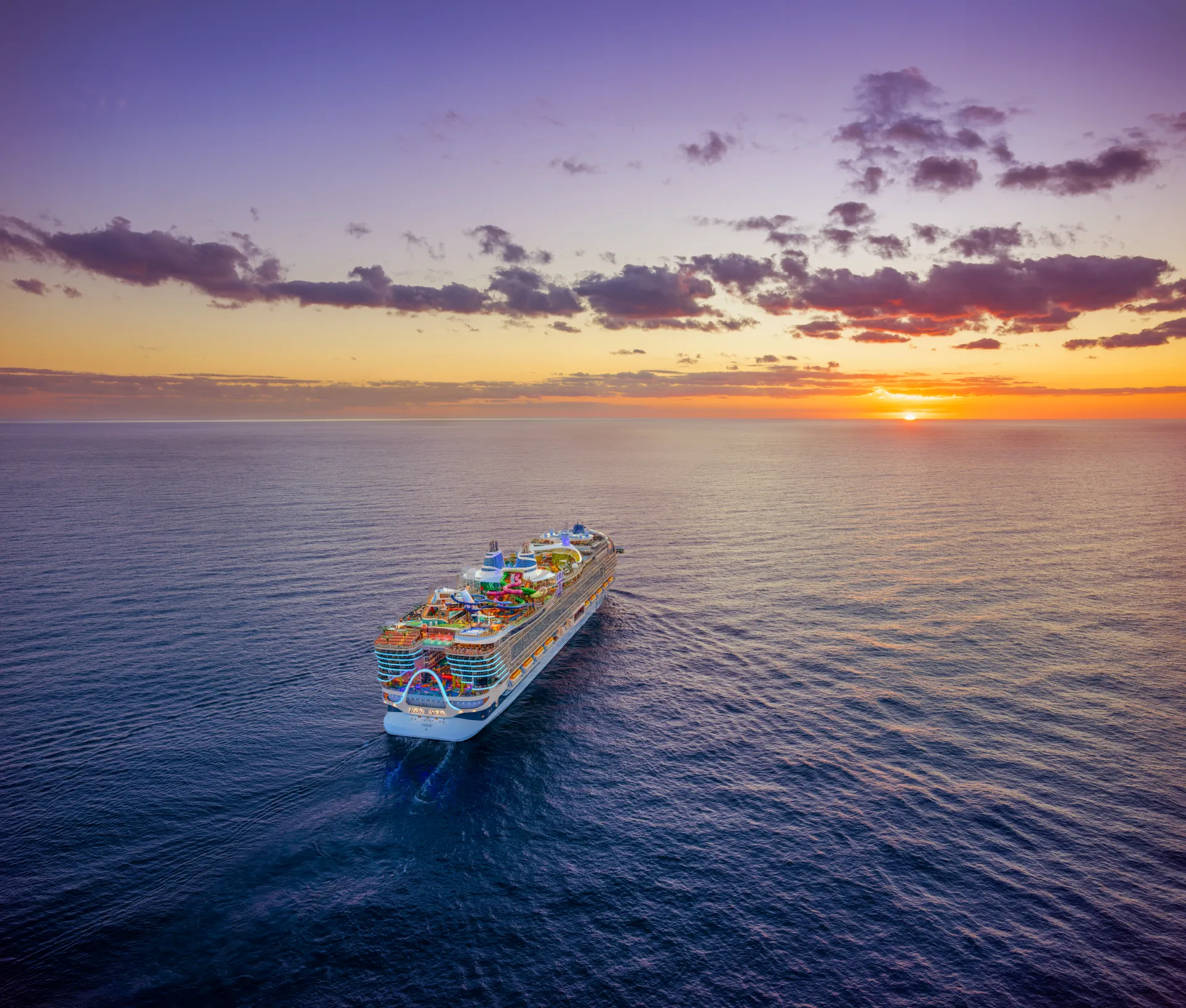 Aerial view of Royal Caribbean's Icon of the Seas at sunset