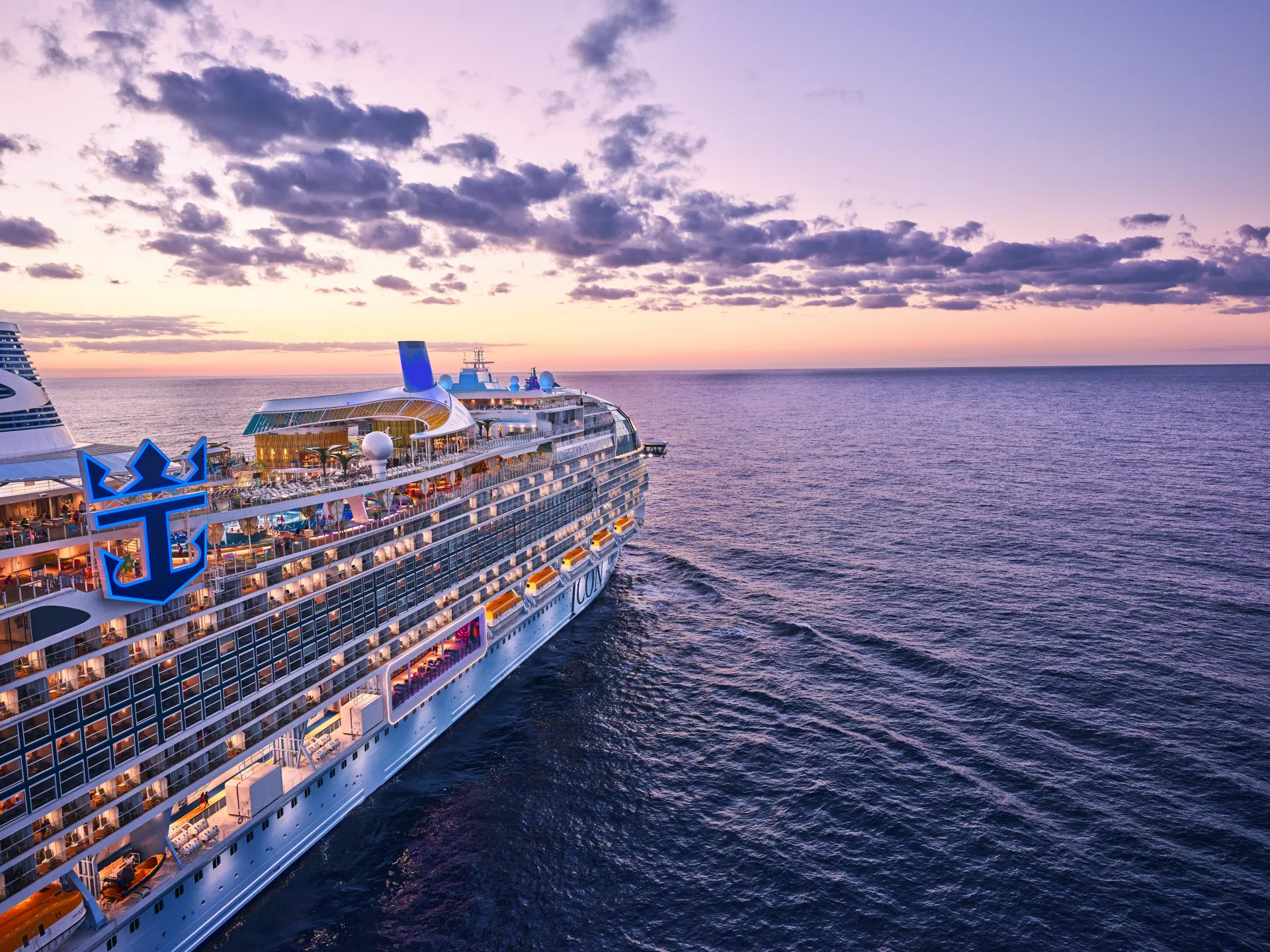 Aerial view of Royal Caribbean's Icon of the Seas at sunset