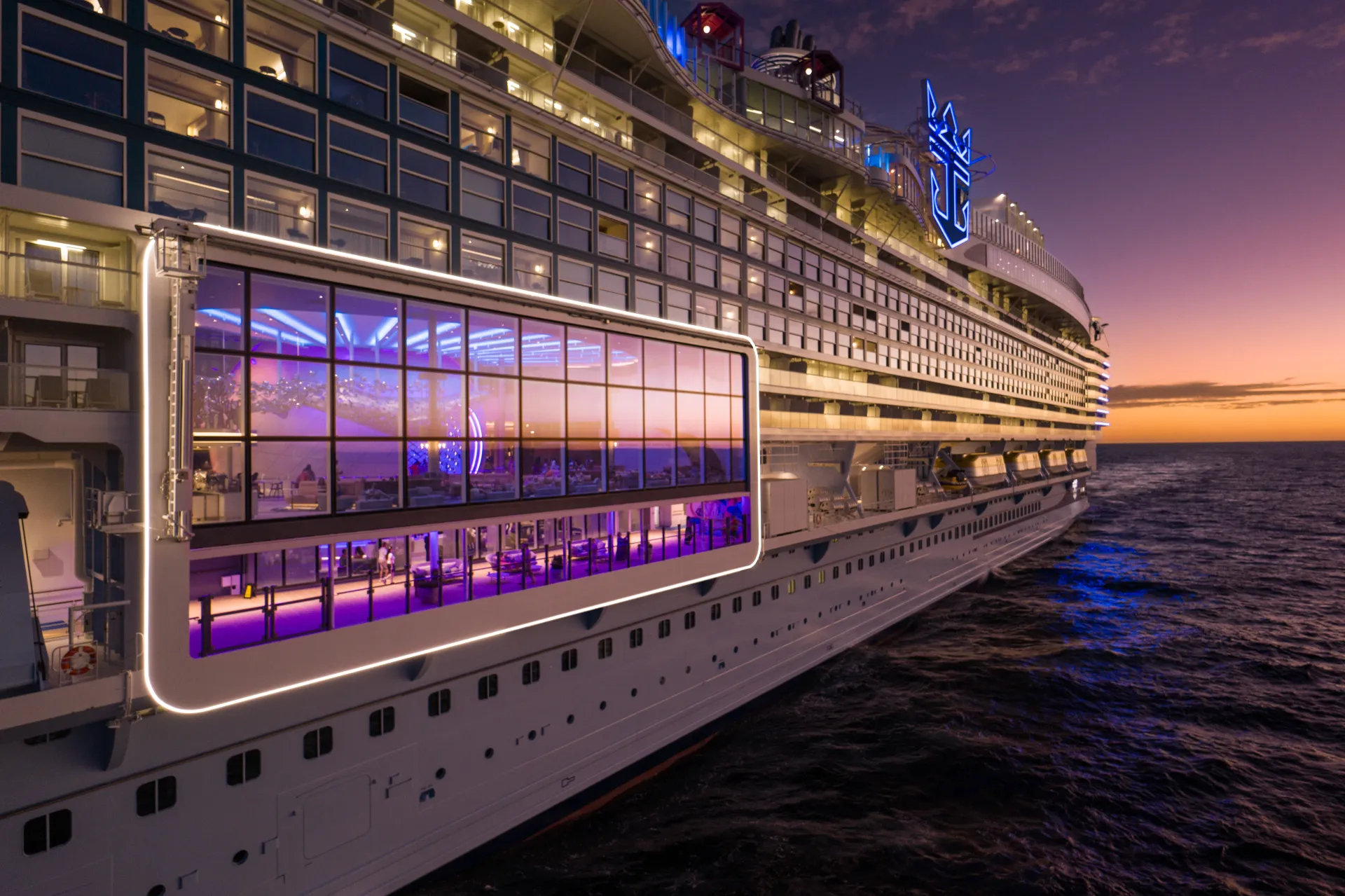 Aerial view of Royal Caribbean's Icon of the Seas at sunset
