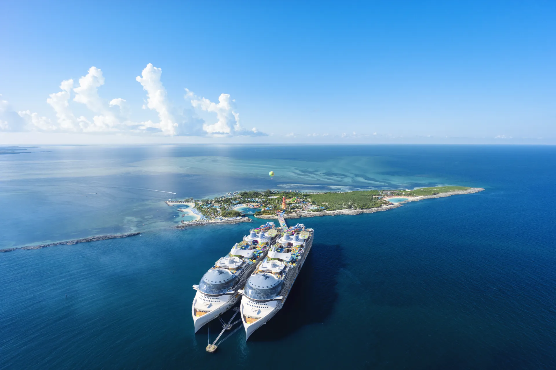 Aerial view of Royal Caribbean's Icon of the Seas and Star of the Seas