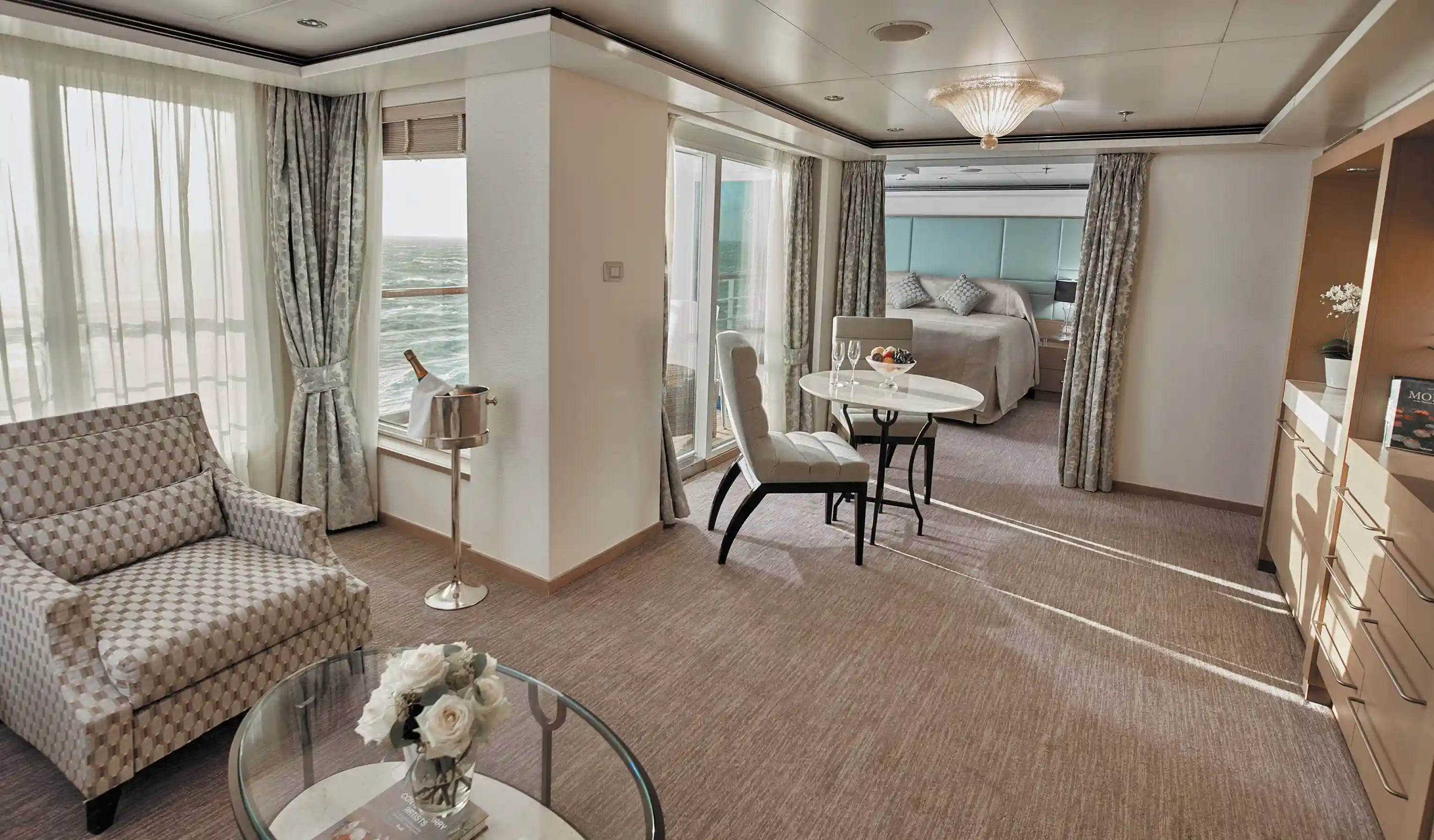 Luxury oceanfront suite with a private terrace aboard Explora II