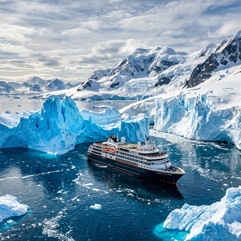 Antarctica polar expedition vessel among giant glaciers