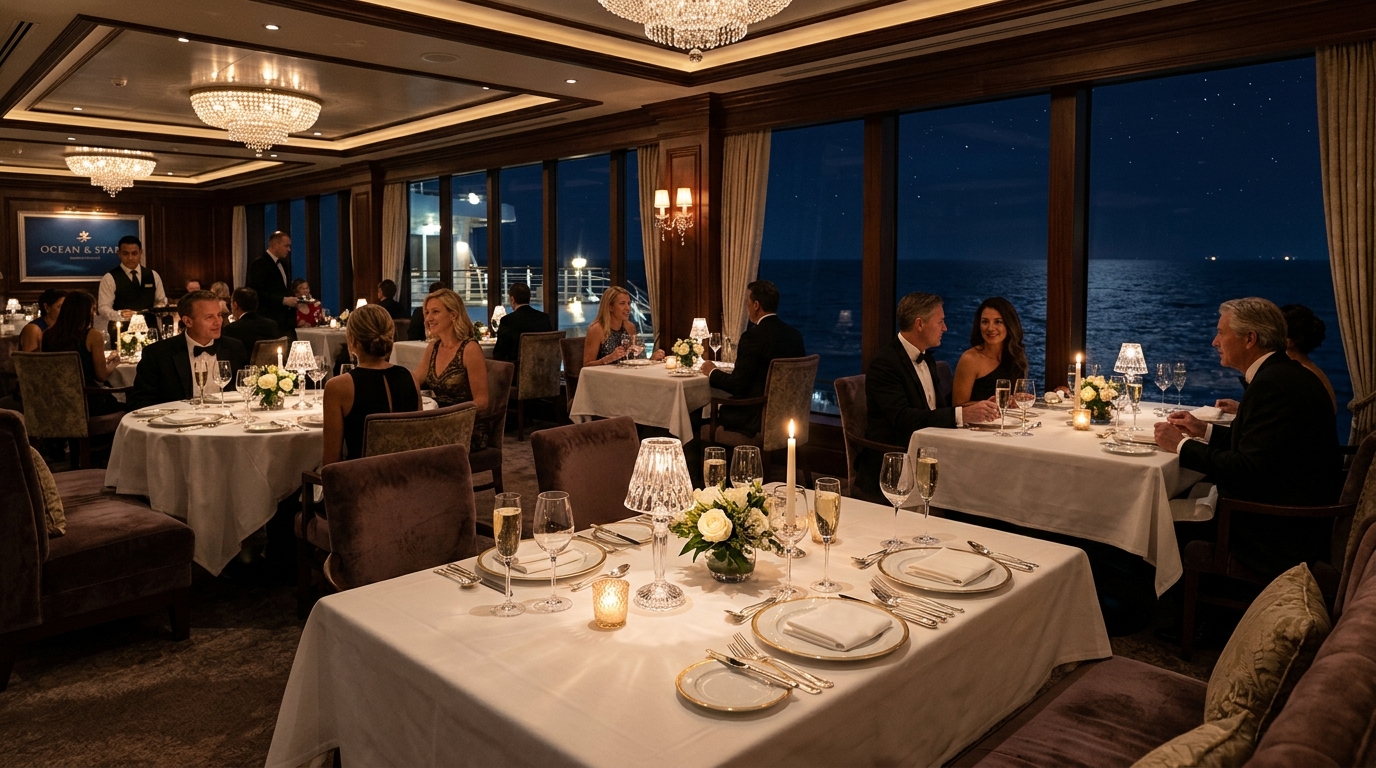 Fine dining table set aboard a luxury cruise ship