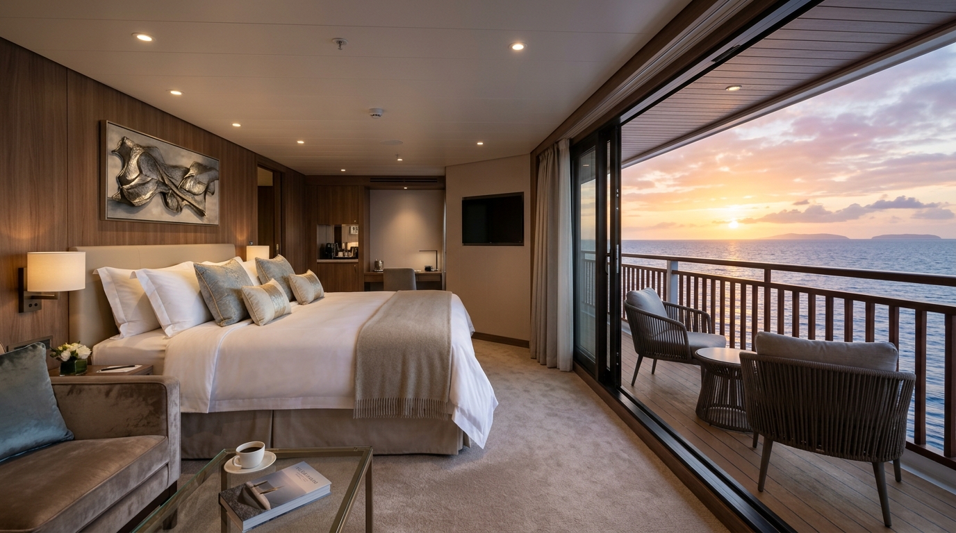 Luxury cruise suite with private balcony and ocean view