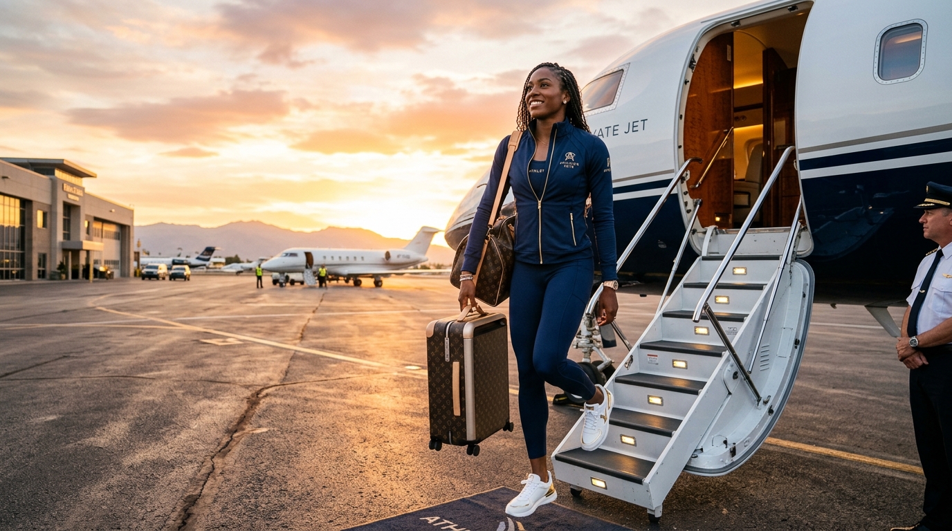 Professional athlete boarding a private jet between games