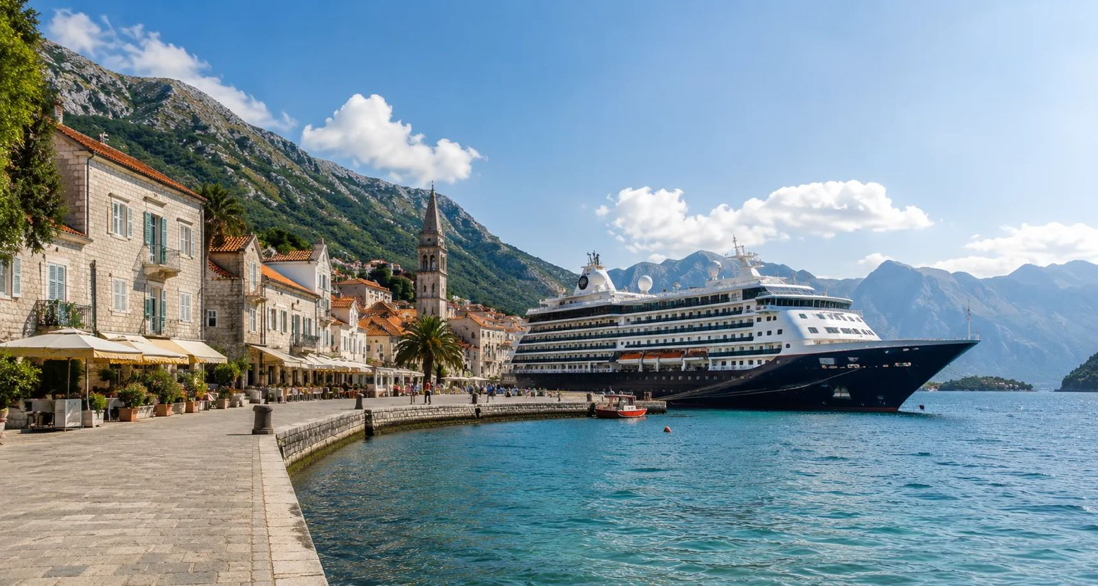 Azamara cruise ship docked in Kotor Montenegro scenic harbor