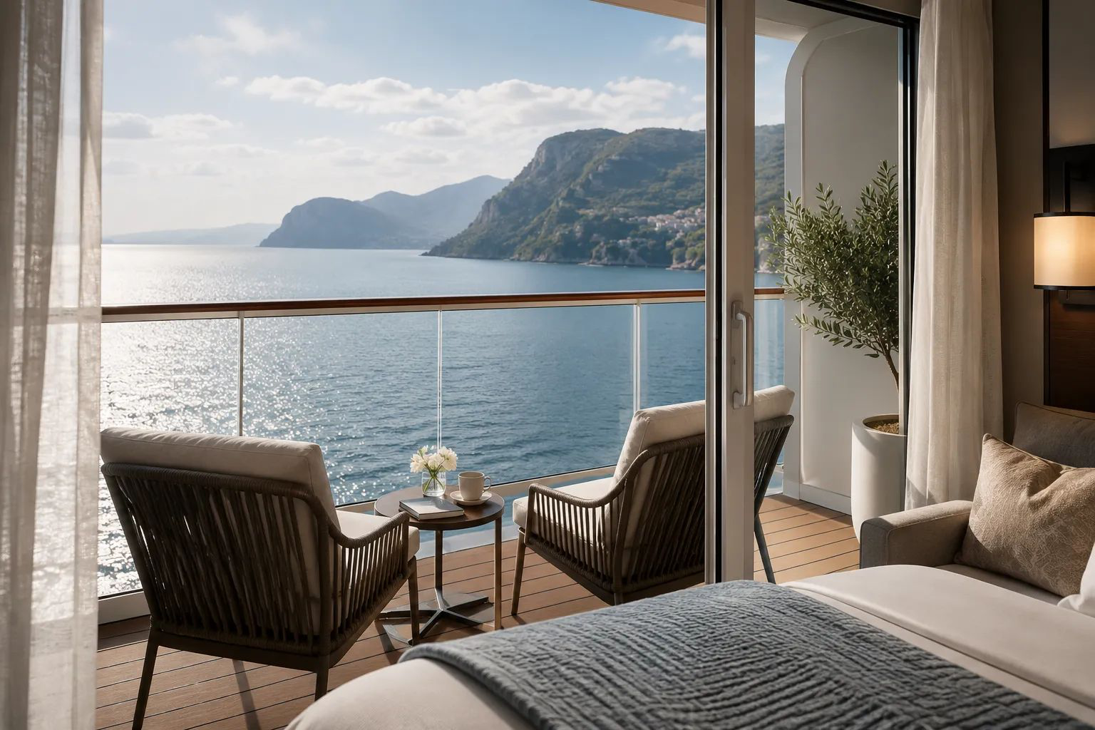 Luxury cruise stateroom balcony cabin overlooking scenic ocean cliffs