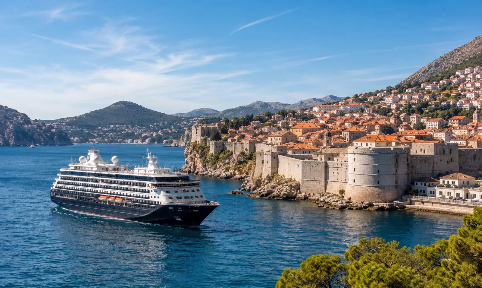 Azamara cruise ship sailing past Dubrovnik medieval walls in Croatia