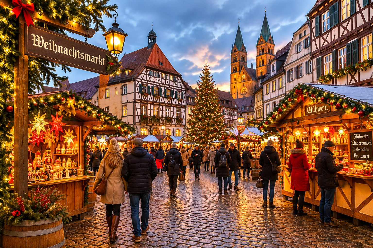 Traditional Christmas market along the Rhine River in Germany with festive wooden stalls, holiday lights, and a decorated Christmas tree.