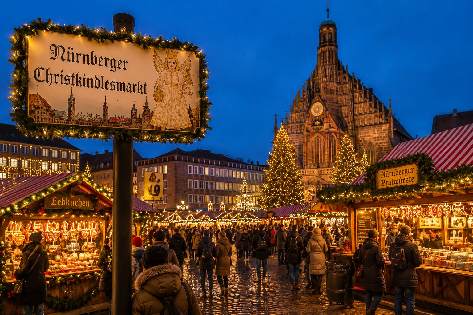 Nuremberg Christkindlesmarkt Christmas market with festive wooden stalls, holiday lights, and historic architecture on a Main and Moselle River Christmas market cruise.