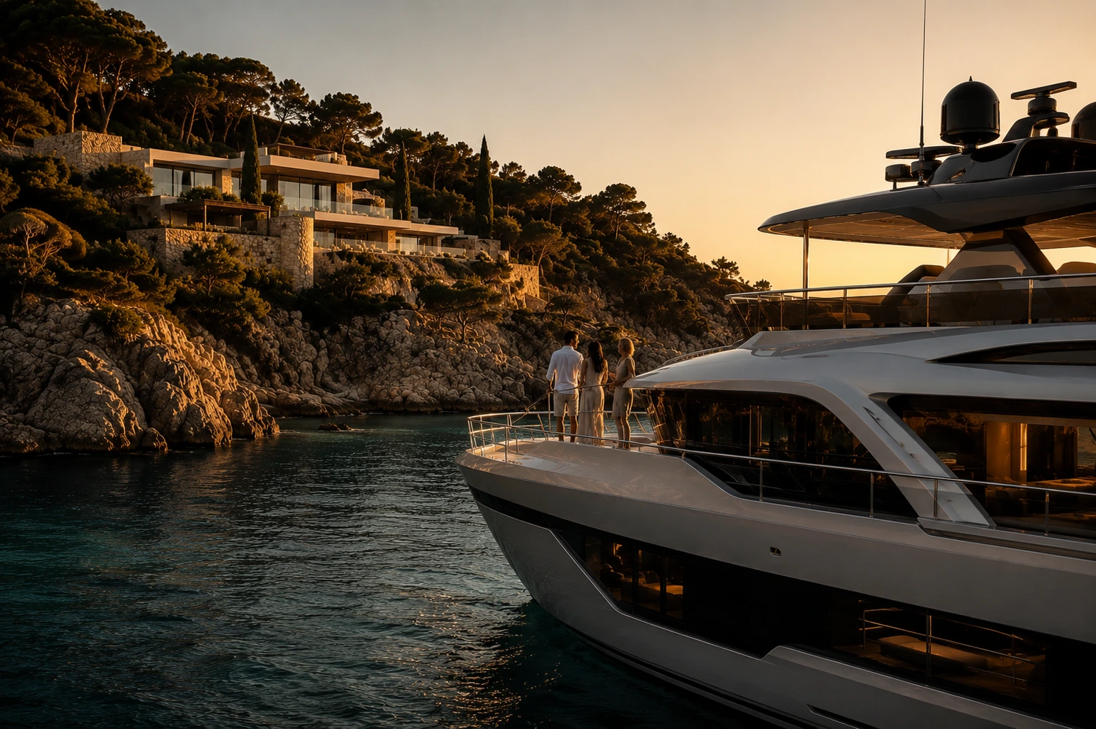 Luxury yacht sailing at sunset