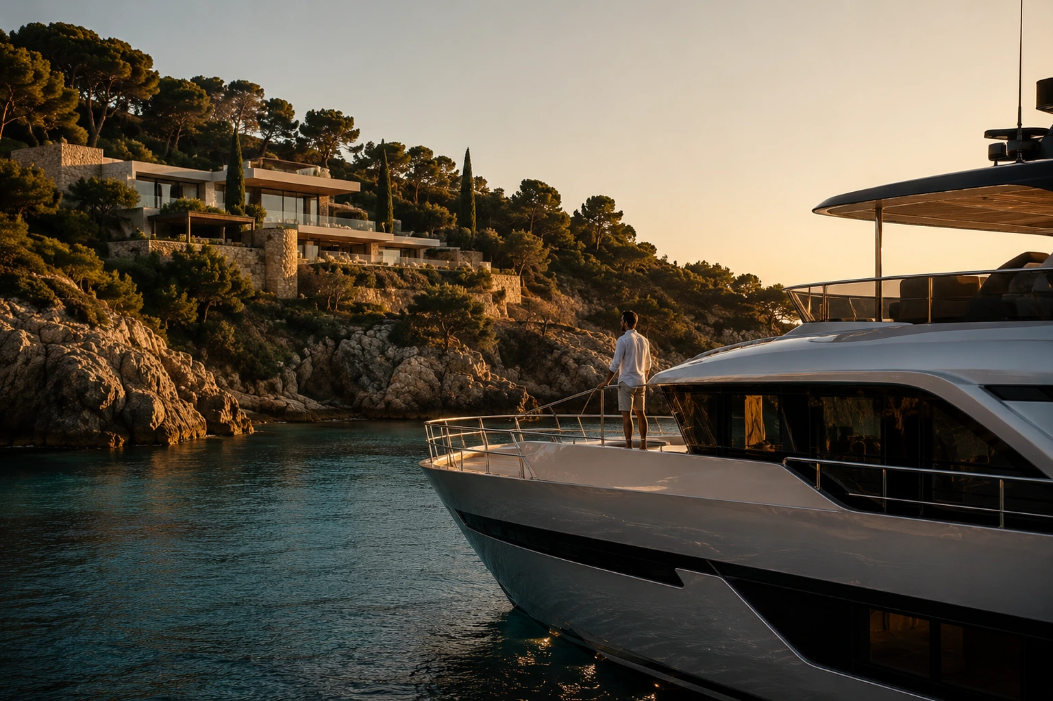 Private luxury yacht anchored off a Mediterranean coastline