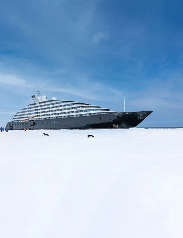 Luxury expedition ship crossing the Drake Passage in open ocean waters