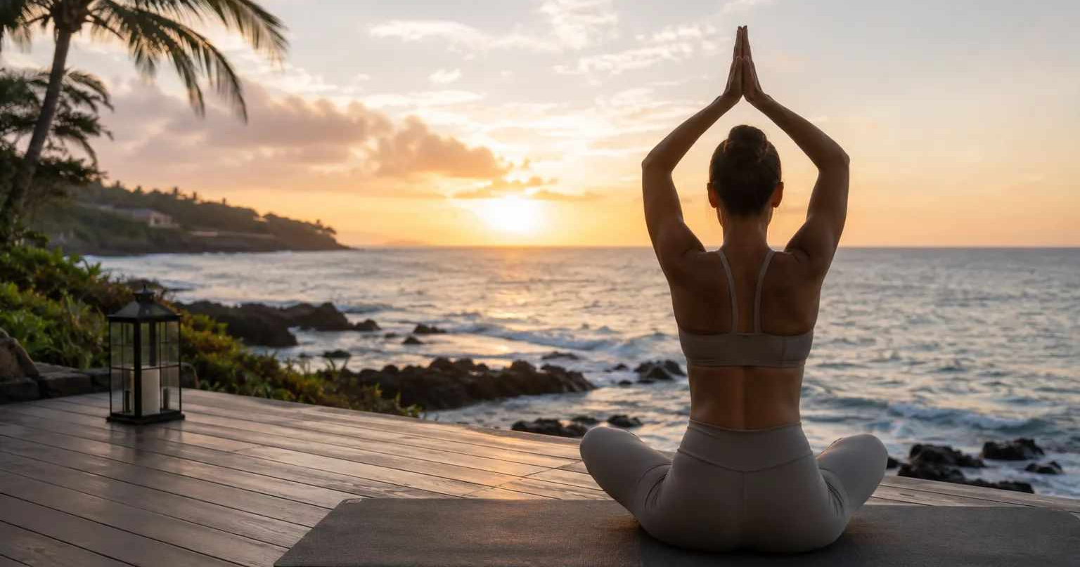Sunrise yoga overlooking the ocean at a luxury wellness resort