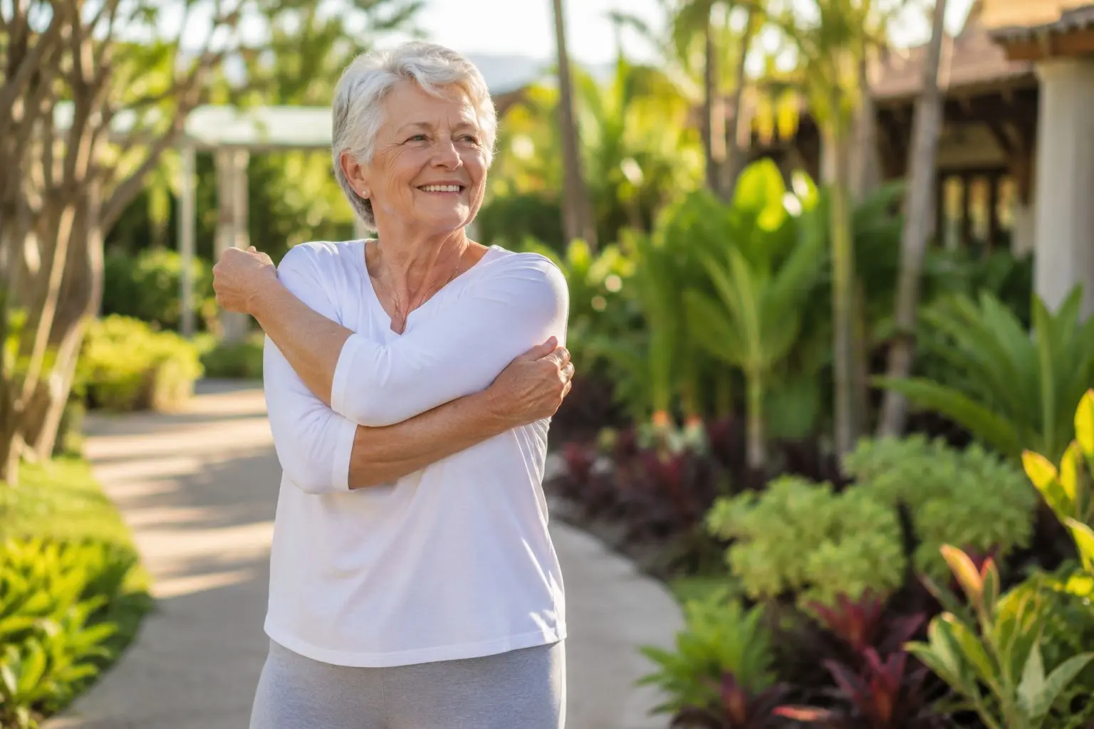 Luxury wellness retreat morning stretching