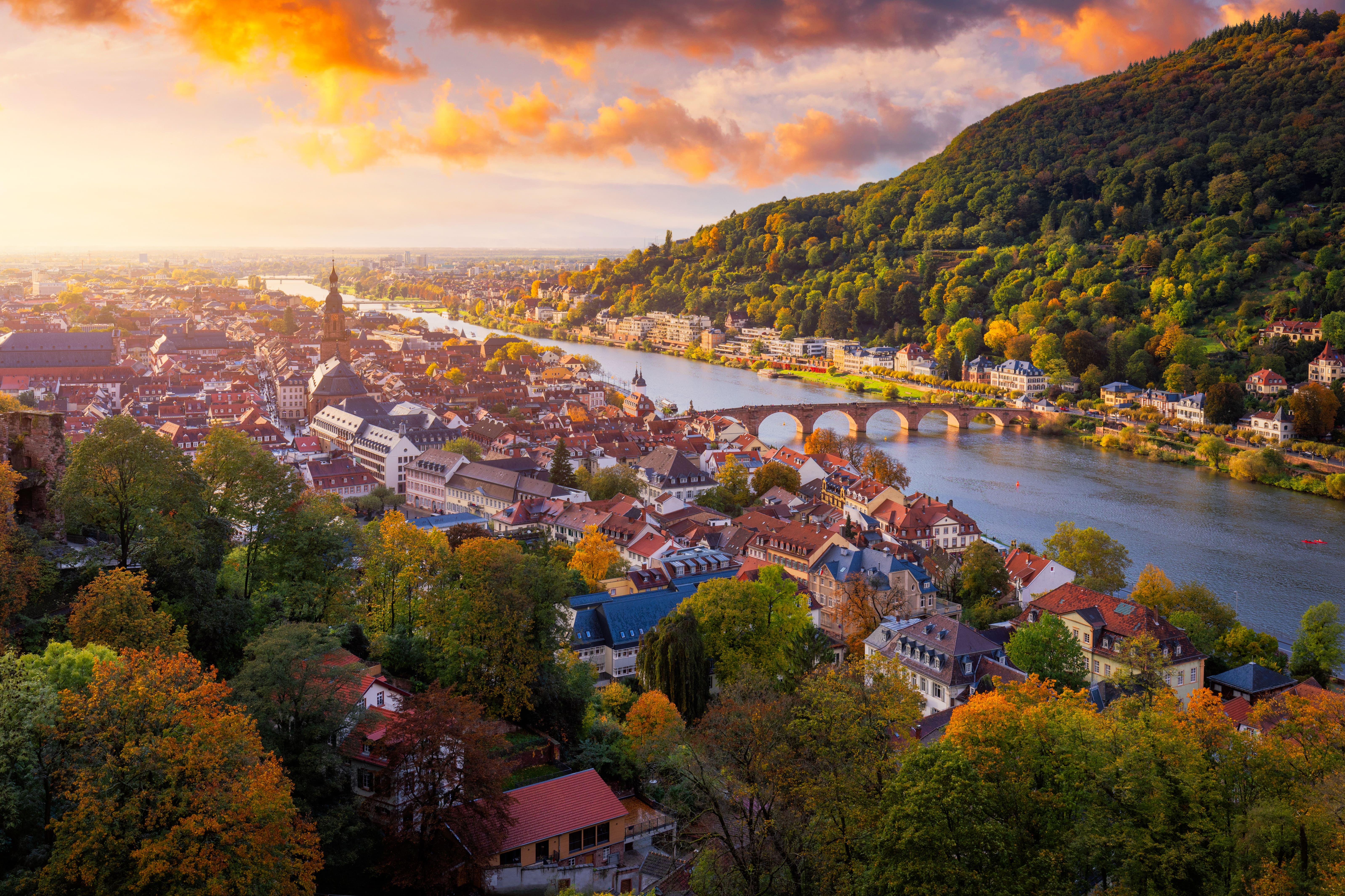 Scenic view of historic Heidelberg along the Neckar River in Germany during river cruise