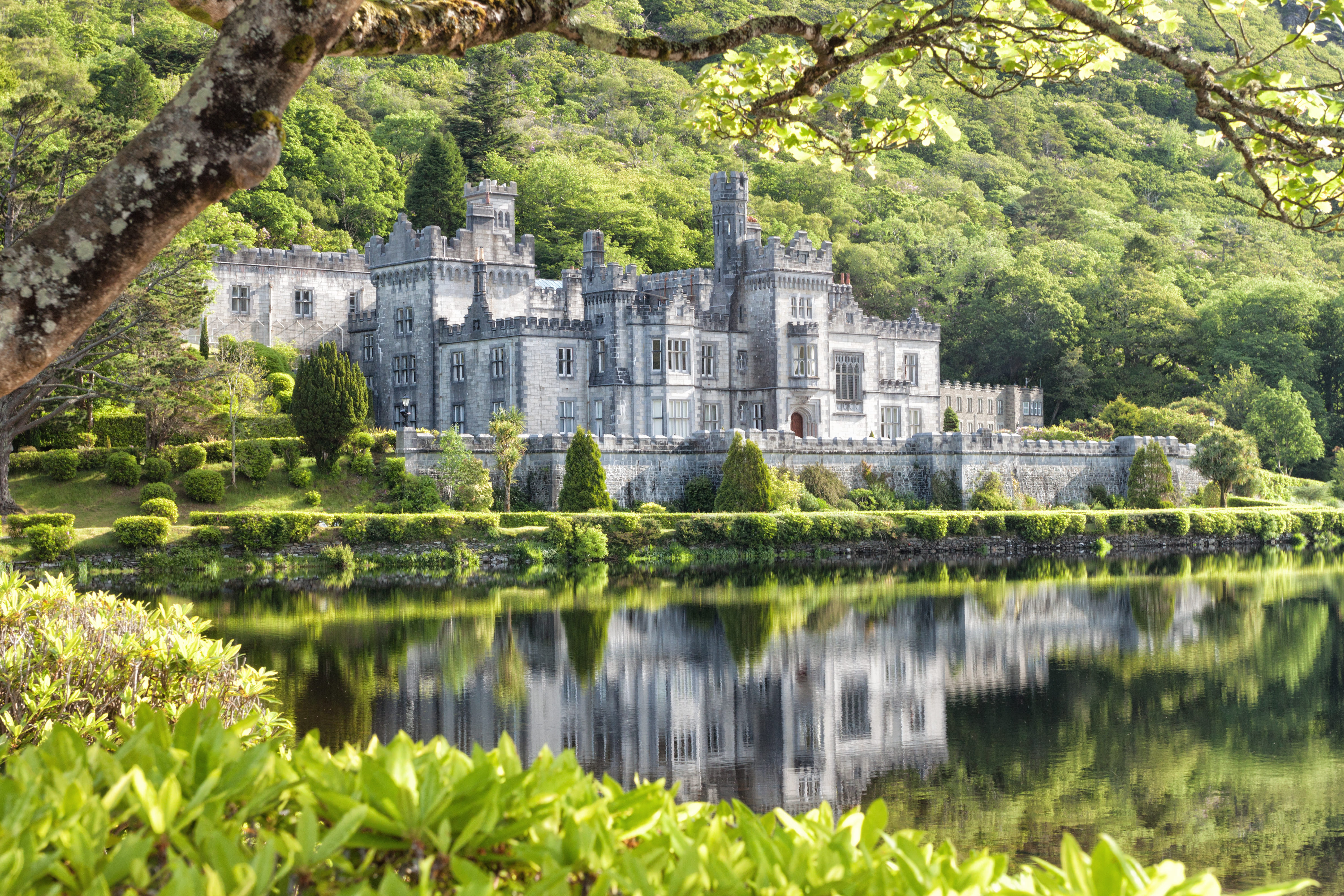 Majestic Kylemore Abbey castle nestled in the mountains of Connemara, Ireland